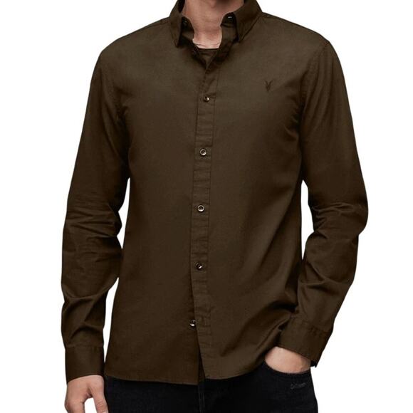 AllSaints Slim Fit Long Sleeve Button Up Brown Ramskull Shirt Brown, size XS - Picture 1 of 9